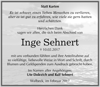 Traueranzeige von Inge Sehnert von Mitteldeutsche Zeitung Mansfelder Land