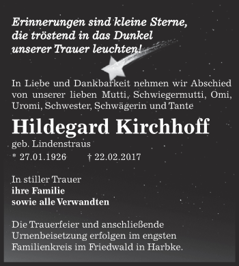 Traueranzeige von Hildegard Kirchhoff von Super Sonntag Bernburg