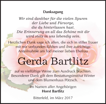 Traueranzeige von Gerda Bartlitz von Mitteldeutsche Zeitung Bitterfeld