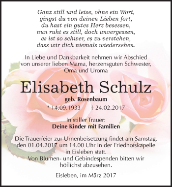 Traueranzeige von Elisabeth Schulz von Mitteldeutsche Zeitung Mansfelder Land