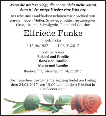 Traueranzeige von Elfriede Funke von Mitteldeutsche Zeitung Mansfelder Land