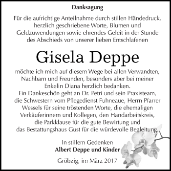 Traueranzeige von Gisela Deppe von WVG - Wochenspiegel Dessau / Köthen