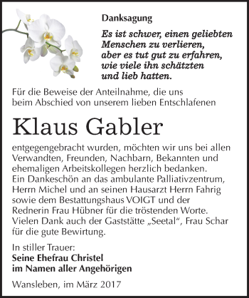 Traueranzeige von Klaus Gabler von Mitteldeutsche Zeitung Mansfelder Land