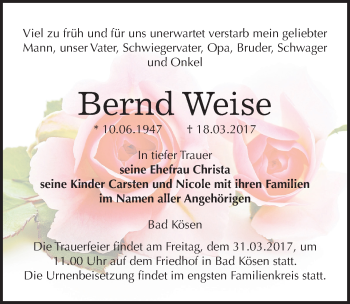 Traueranzeige von Bernd Weise von Mitteldeutsche Zeitung Naumburg/Nebra