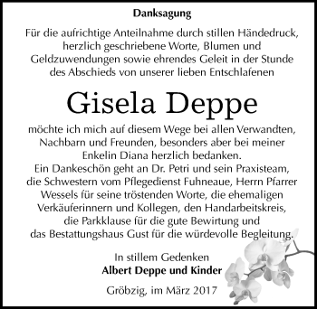 Traueranzeige von Gisela Deppe von Mitteldeutsche Zeitung Köthen