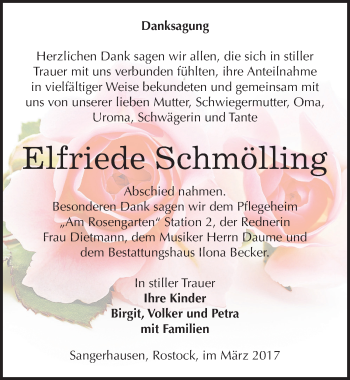 Traueranzeige von Elfriede Schmölling von Mitteldeutsche Zeitung Sangerhausen