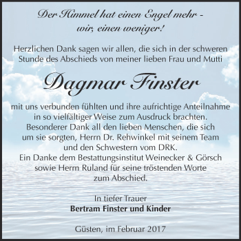 Traueranzeige von Dagmar Finster von Super Sonntag Bernburg