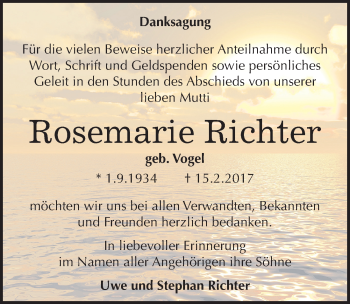Traueranzeige von Rosemarie Richter von Mitteldeutsche Zeitung Halle/Saalkreis