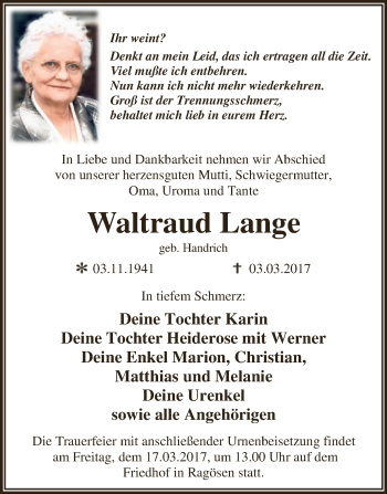 Traueranzeige von Waltraud Lange von Super Sonntag Wittenberg