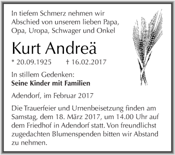 Traueranzeige von Kurt Andreä von Super Sonntag SGH Mansf. Land