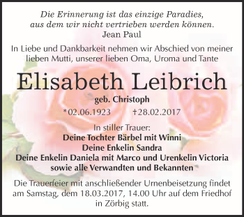 Traueranzeige von Elisabeth Leibrich von WVG - Wochenspiegel Bitterfeld