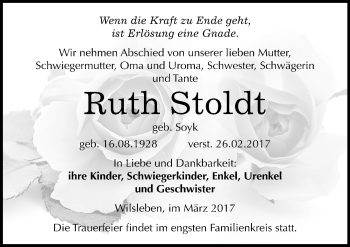 Traueranzeige von Ruth Stoldt von Mitteldeutsche Zeitung Aschersleben