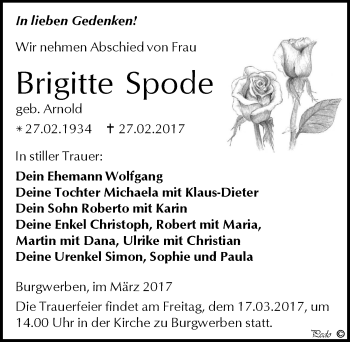 Traueranzeige von Brigitte Spode von Mitteldeutsche Zeitung Weißenfels