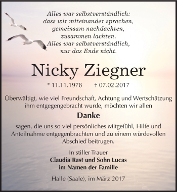 Traueranzeige von Nicky Ziegner von Mitteldeutsche Zeitung Halle/Saalkreis