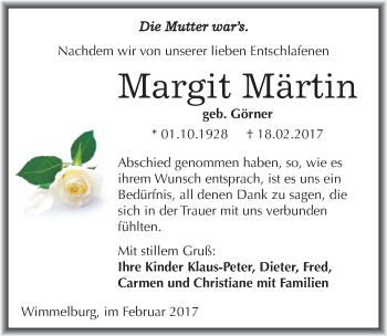 Traueranzeige von Margit Märtin von Mitteldeutsche Zeitung Mansfelder Land