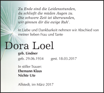 Traueranzeige von Dora Loel von Super Sonntag SGH Mansf. Land