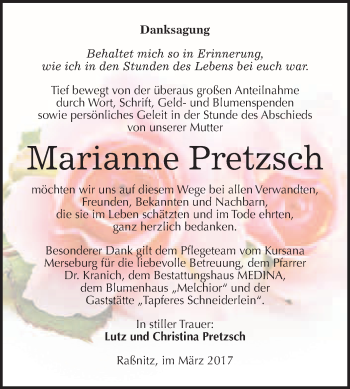 Traueranzeige von Marianne Pretzsch von Super Sonntag Halle