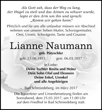 Traueranzeige von Lianne Naumann von Mitteldeutsche Zeitung Wittenberg