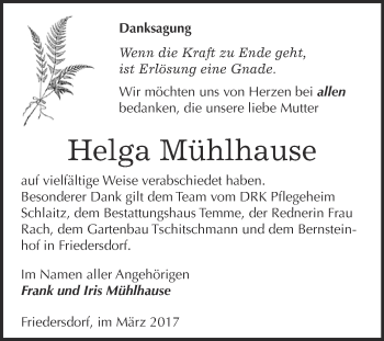 Traueranzeige von Helga Mühlhause von WVG - Wochenspiegel Bitterfeld