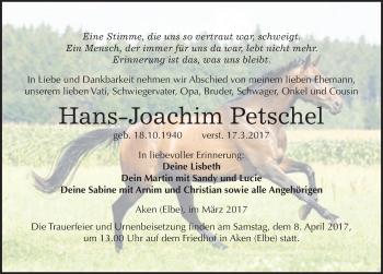 Traueranzeige von Hans-Joachim Petschel von Mitteldeutsche Zeitung Köthen
