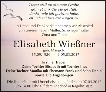 Traueranzeige von Elisabeth Wießner von Mitteldeutsche Zeitung Bitterfeld