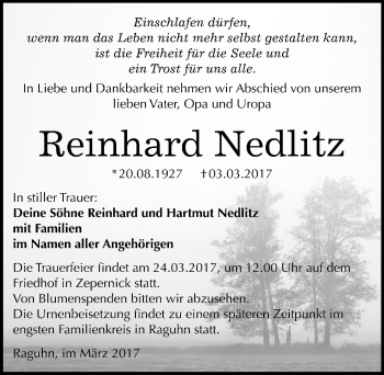 Traueranzeige von Reinhard Nedlitz von Mitteldeutsche Zeitung Bitterfeld