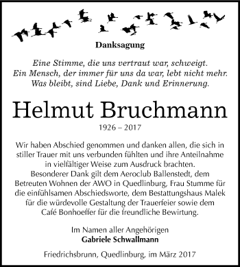 Traueranzeige von Helmut Bruchmann von Super Sonntag Quedlinburg