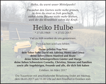 Traueranzeige von Heiko Hulbe von Mitteldeutsche Zeitung Mansfelder Land