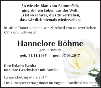 Traueranzeige von Hannelore Böhme von Mitteldeutsche Zeitung Weißenfels