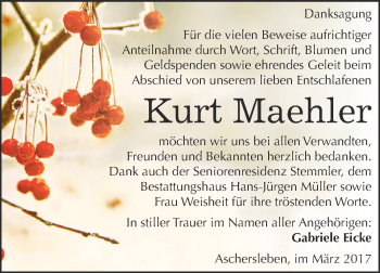 Traueranzeige von Kurt Maehler von Super Sonntag SGH Mansf. Land