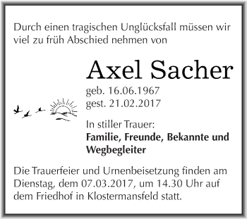 Traueranzeige von Axel Sacher von Super Sonntag SGH Mansf. Land