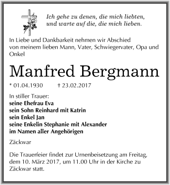 Traueranzeige von Manfred Bergmann von Mitteldeutsche Zeitung Naumburg/Nebra