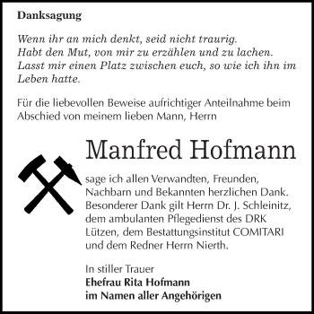 Traueranzeige von Manfred Hofmann von WVG - Wochenspiegel NMB / WSF / ZTZ