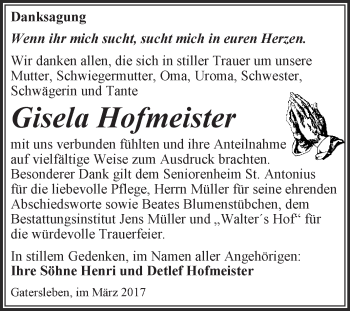 Traueranzeige von Gisela Hofmeister von Super Sonntag SGH Mansf. Land