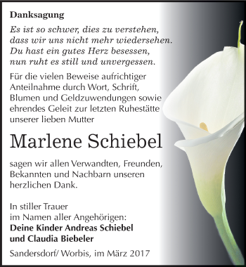 Traueranzeige von Marlene Schiebel von Mitteldeutsche Zeitung Bitterfeld