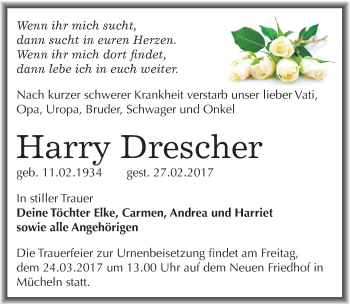 Traueranzeige von Harry Drescher von Mitteldeutsche Zeitung Merseburg/Querfurt
