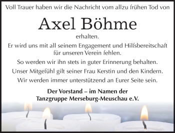 Traueranzeige von Axel Böhme von Mitteldeutsche Zeitung Merseburg/Querfurt
