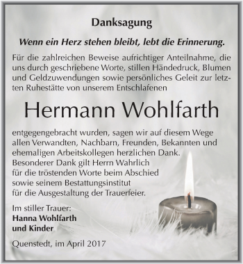 Traueranzeige von Hermann Wohlfarth von Mitteldeutsche Zeitung Sangerhausen