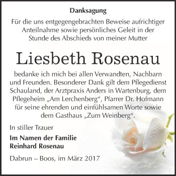 Traueranzeige von Liesbeth Rosenau von Super Sonntag Wittenberg