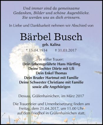 Traueranzeige von Bärbel Busch von WVG - Wochenspiegel Dessau / Köthen