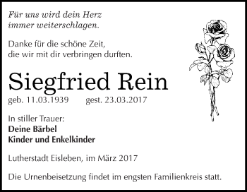 Traueranzeige von Siegfried Rein von Super Sonntag SGH Mansf. Land