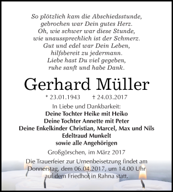 Traueranzeige von Gerhard Müller von WVG - Wochenspiegel NMB / WSF / ZTZ