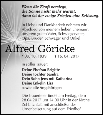 Traueranzeige von Alfred Göricke von WVG - Wochenspiegel Dessau / Köthen