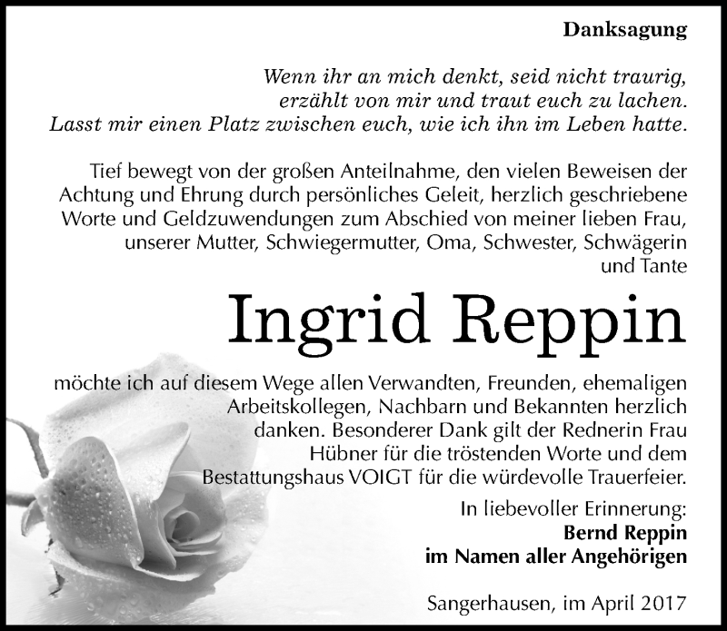  Traueranzeige für Ingrid Reppin vom 13.04.2017 aus Mitteldeutsche Zeitung Sangerhausen