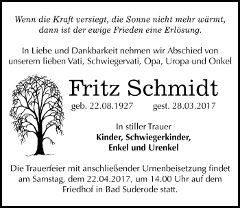 Traueranzeige von Fritz Schmidt von Mitteldeutsche Zeitung Quedlinburg