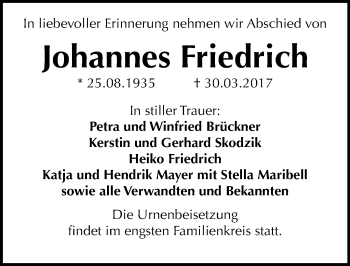 Traueranzeige von Johannes Friedrich von Mitteldeutsche Zeitung Bitterfeld