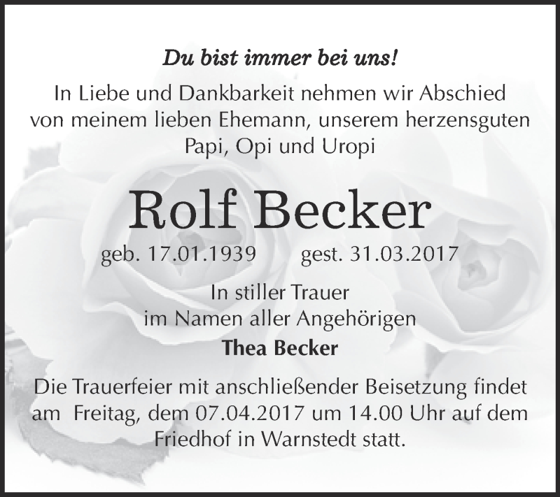  Traueranzeige für Rolf Becker vom 05.04.2017 aus Super Sonntag Quedlinburg