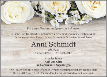 Traueranzeige von Anni Schmidt von Mitteldeutsche Zeitung Halle/Saalkreis