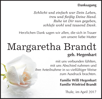 Traueranzeige von Margaretha Brandt von Mitteldeutsche Zeitung Quedlinburg