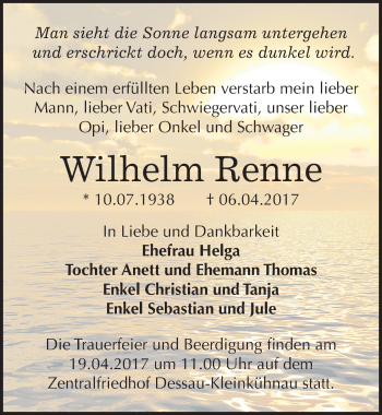 Traueranzeige von Wilhelm Renne von Mitteldeutsche Zeitung Dessau-Roßlau